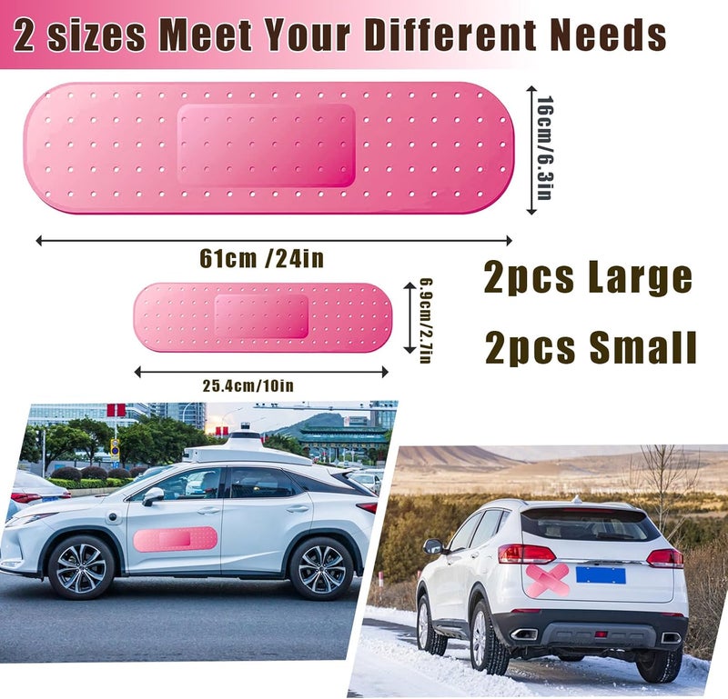 Keromtein 4pcs Funny Car Band Aid Sticker for Car Damage, 10/24in Giant Band Aid Car Decals for Cover Dent Crack and Scratch, Car Bumper Sticker, Large Vehicle Body Bandage (Pink 2pcs Large and 2pcs Small Size) - Image 2